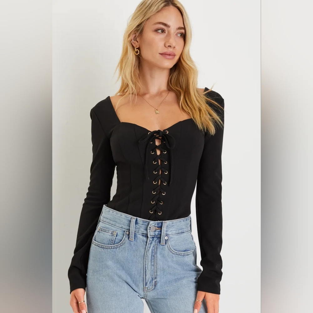 Lulus Captivating Energy Black Long Sleeve Lace-Up Corset Bodysuit